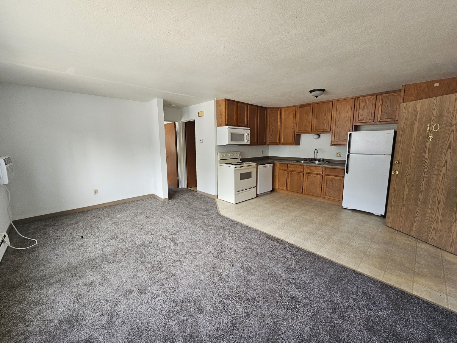 902 Oak one-bedroom apartment living area and kitchen
