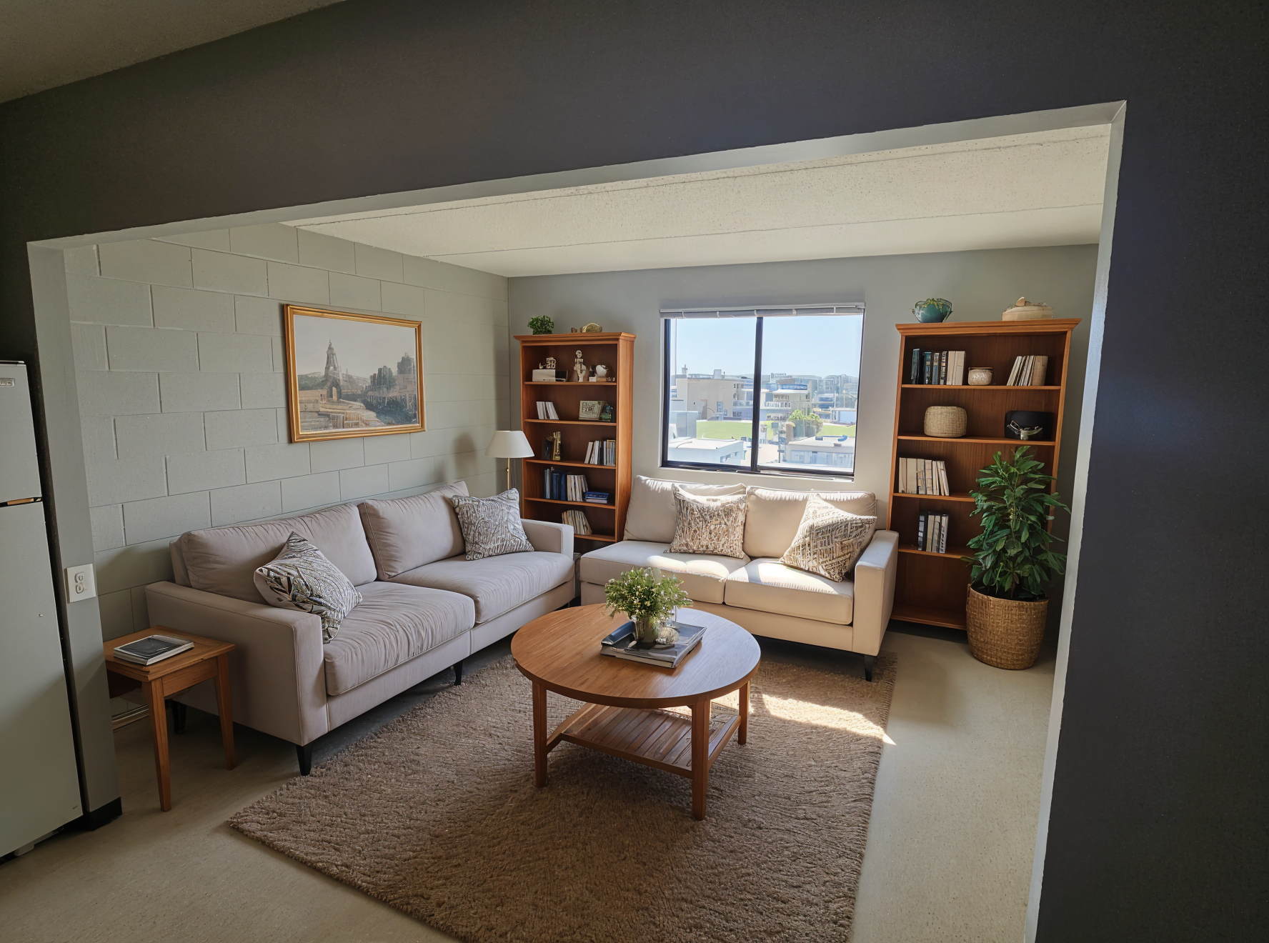 MetroView apartment living room with sofas, a coffee table, and bookshelves