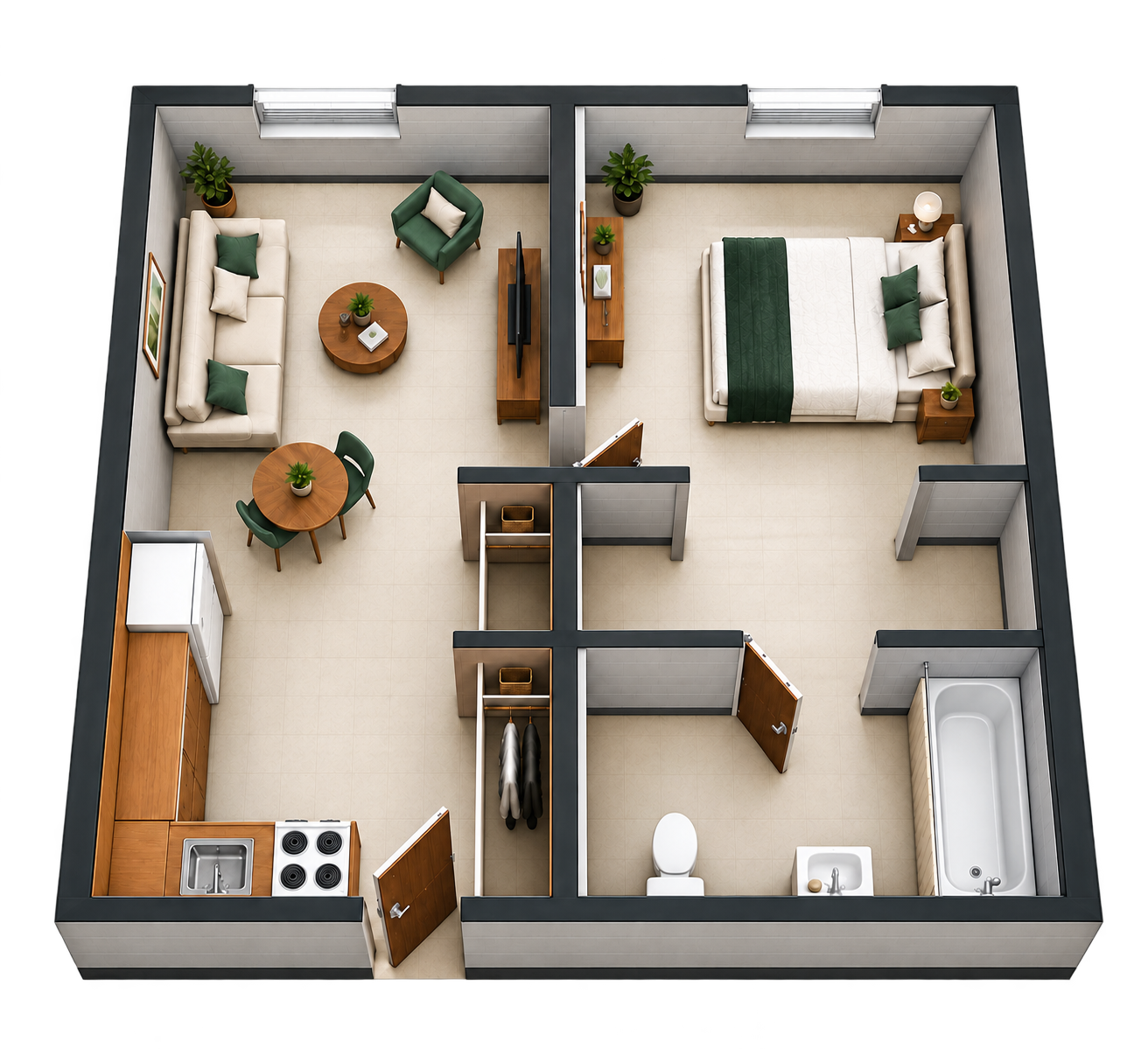 North-Facing — Bathtub apartment layout at MetroView Apartments