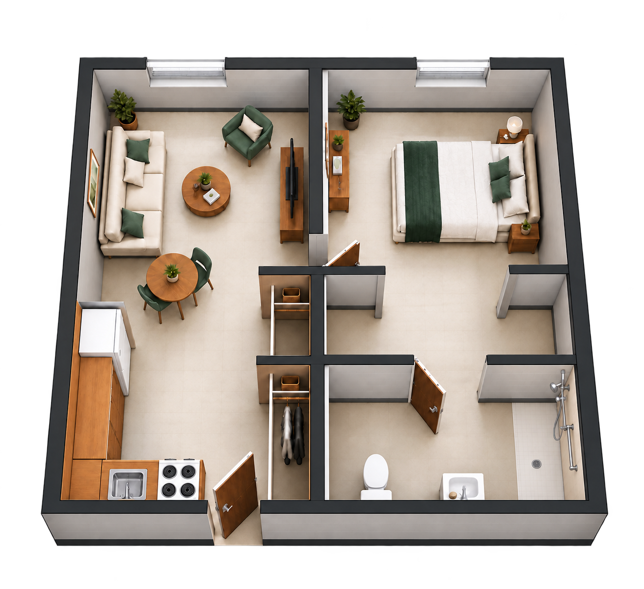 North-Facing — Walk-in Shower apartment layout at MetroView Apartments