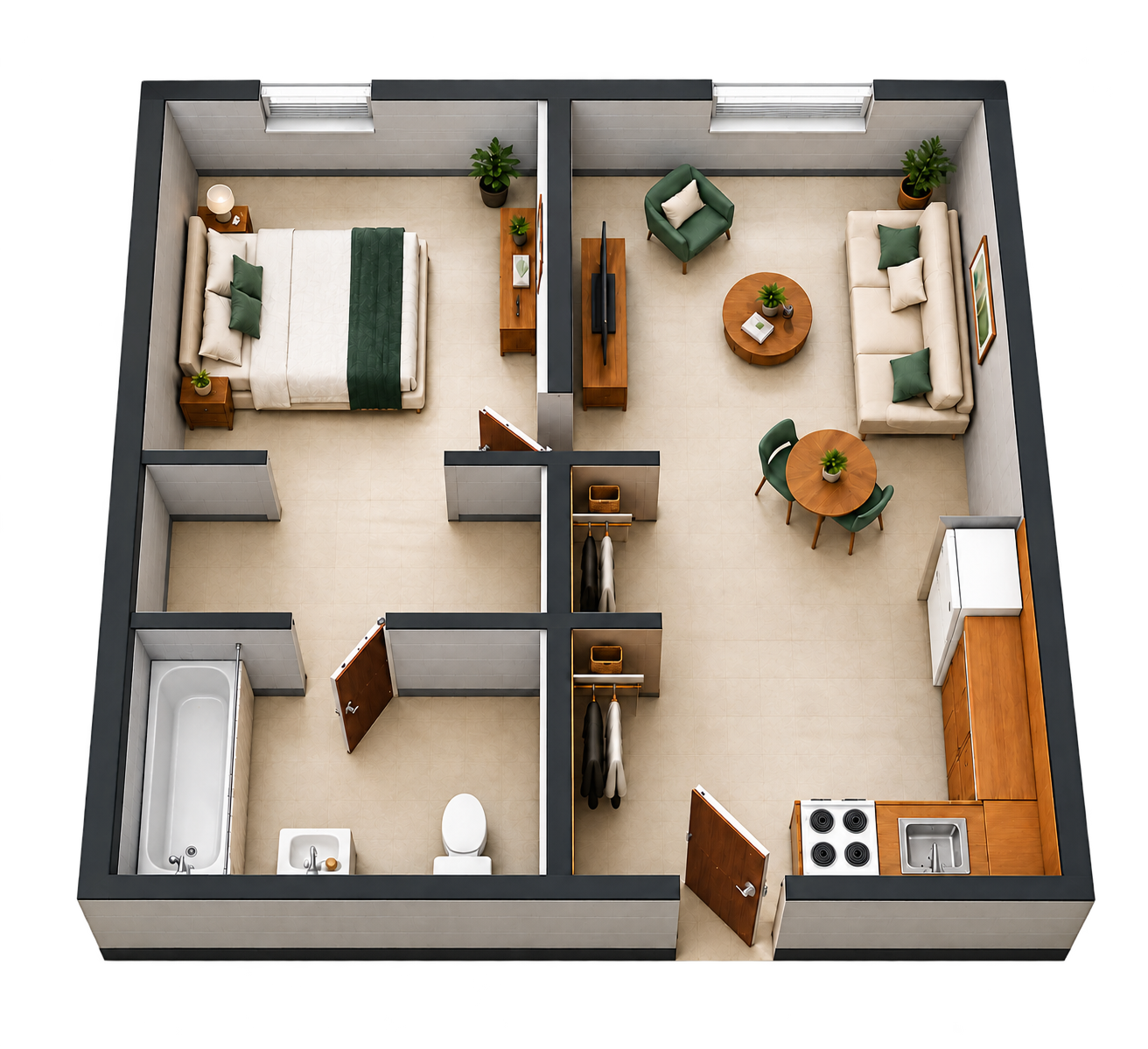 South-Facing — Bathtub apartment layout at MetroView Apartments