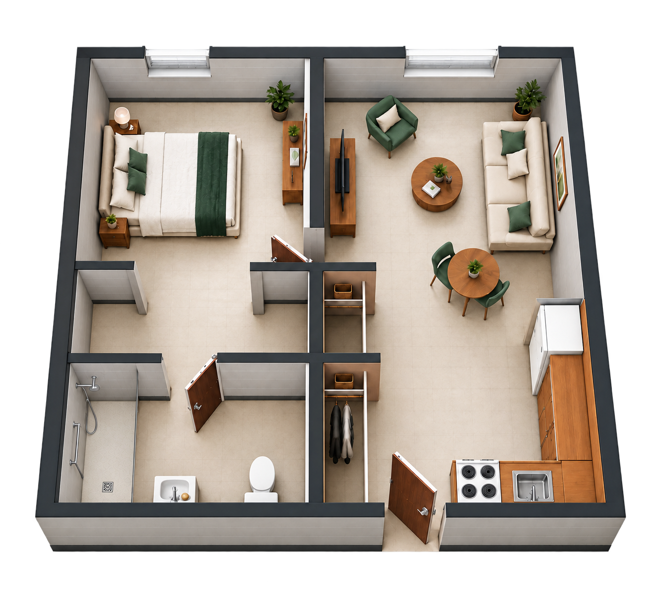 South-Facing — Walk-in Shower apartment layout at MetroView Apartments