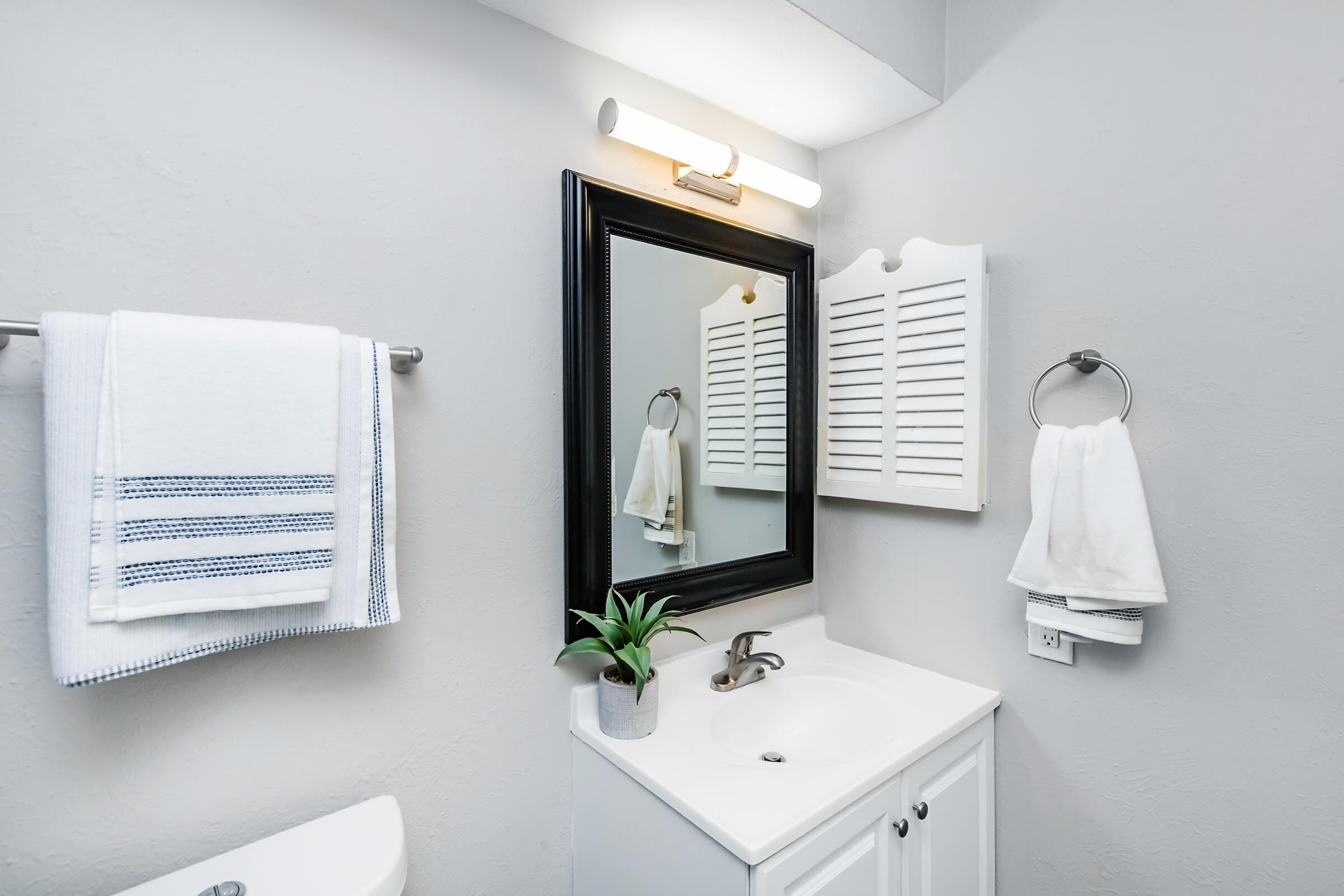 Maravilla model bathroom vanity with black-framed mirror.