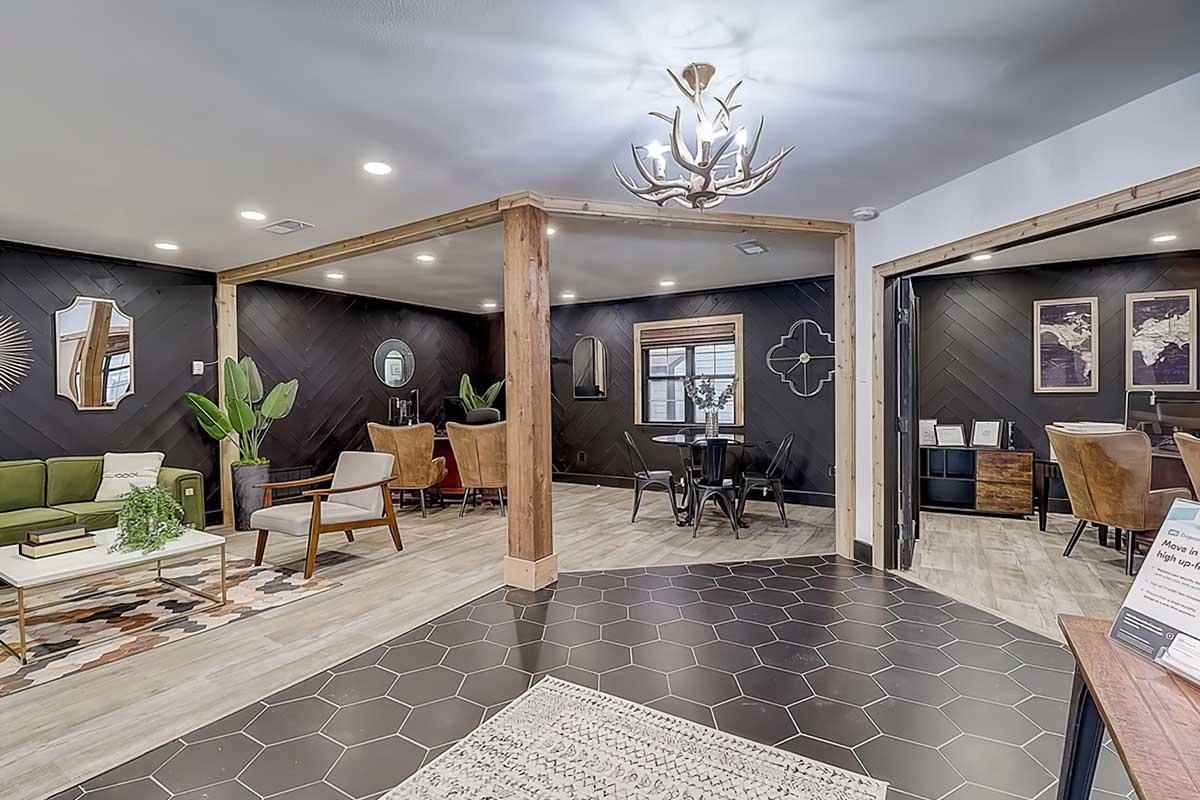 Leasing lounge with seating and an adjoining office area