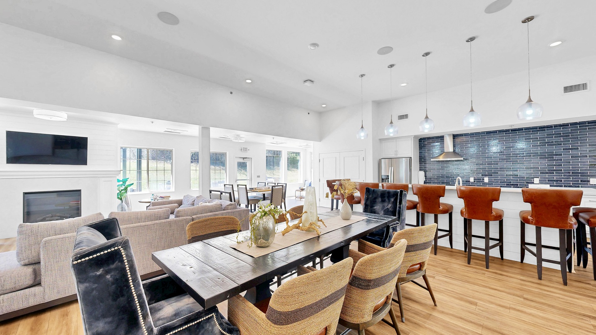 Waterstone Place clubhouse dining table beside the demonstration kitchen.